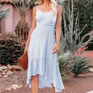 Blue and white stripe high low hem dress